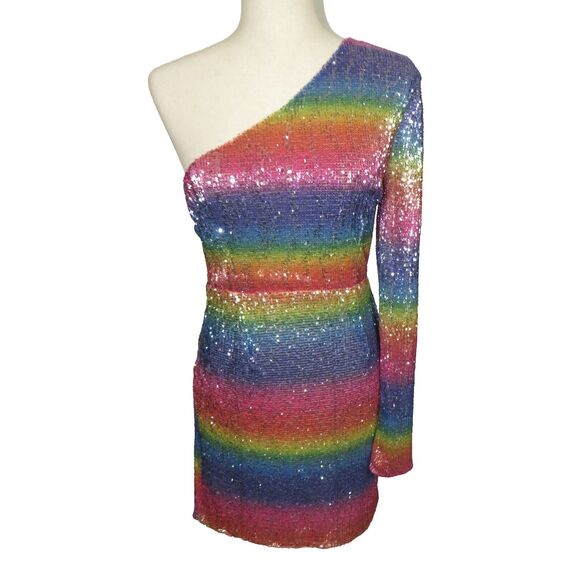 L'Atiste Rainbow Sequined One Shoulder Bodycon Mini Dress Size Large 10-12 - Picture 1 of 9